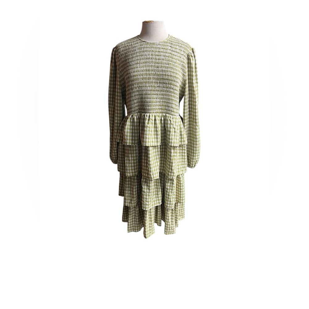 Tiered Gingham Long-Sleeve Dress in Sage Green